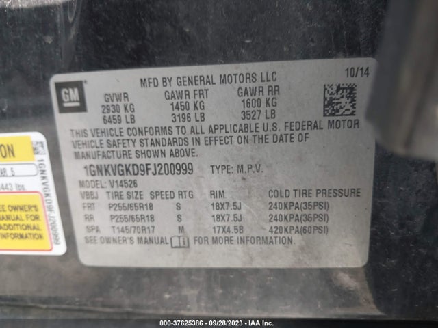 Chevrolet Traverse Lt 2015 1GNKVGKD9FJ200999 Image 9