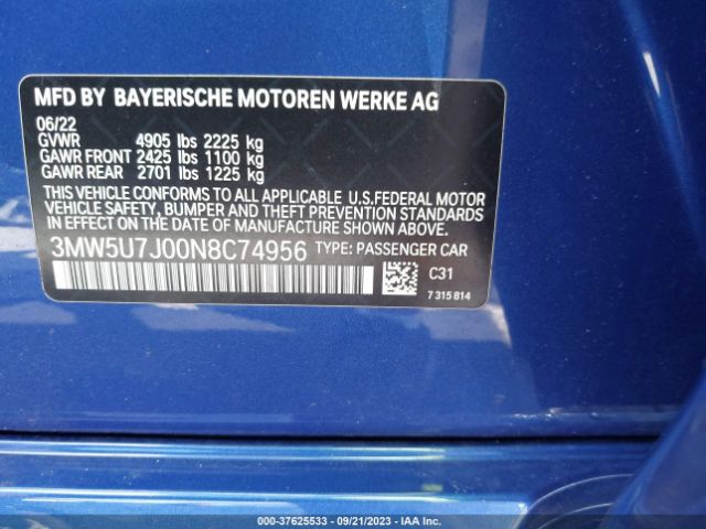 3MW5U7J00N8C74956 BMW 3 Series M340i
