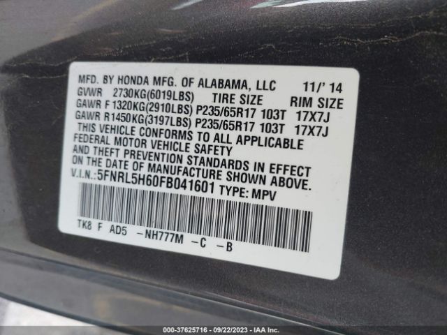 5FNRL5H60FB041601 Honda Odyssey Ex-l