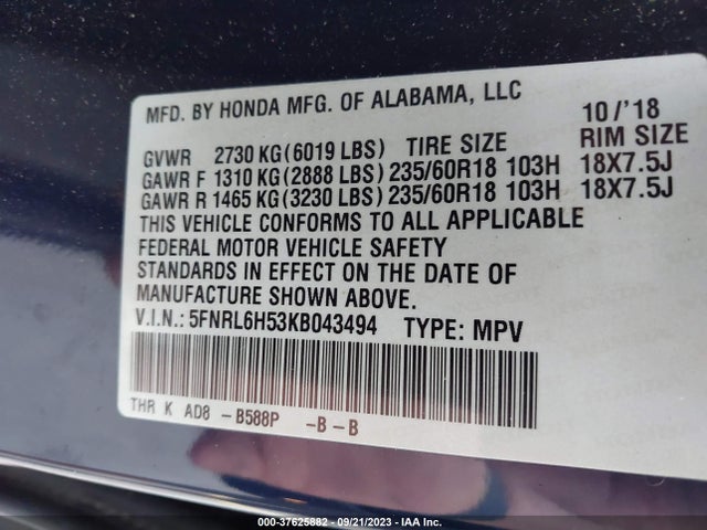 Honda ODYSSEY EX 2019 5FNRL6H53KB043494 Image 9