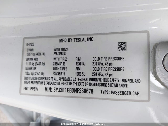 2022 Tesla 3, VIN: 5YJ3E1EB0NF238678