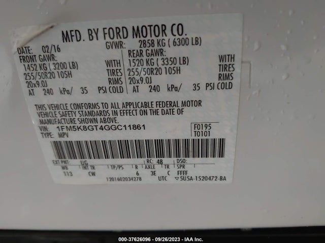 2016 FORD EXPLORER SPORT VIN: 1FM5K8GT4GGC11861