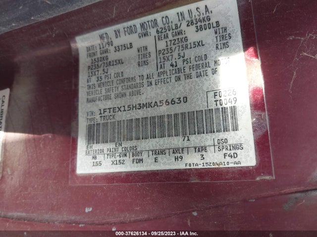 1991 FORD F150 VIN: 1FTEX15H3MKA56630