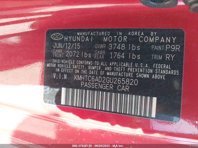 2016 HYUNDAI VELOSTER VIN: KMHTC6AD2GU265820