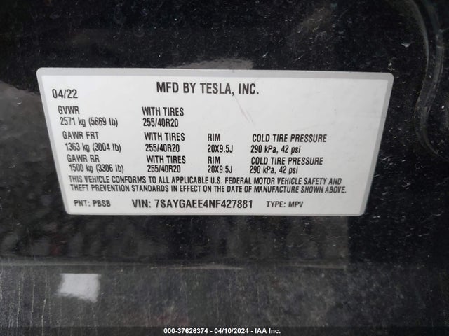 7SAYGAEE4NF427881 Tesla Model Y Long Range Dual Motor All-wheel Drive
