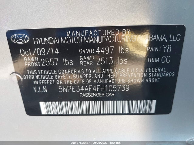 Hyundai Sonata 2.4l Limited 2015 5NPE34AF4FH105739 Image 9