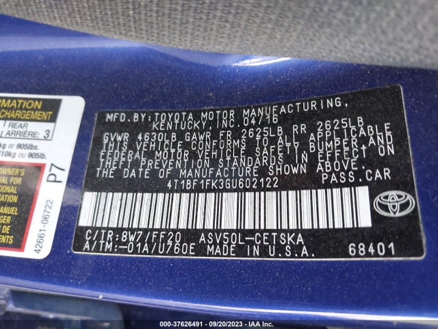 2016 TOYOTA CAMRY SE VIN: 4T1BF1FK3GU602122