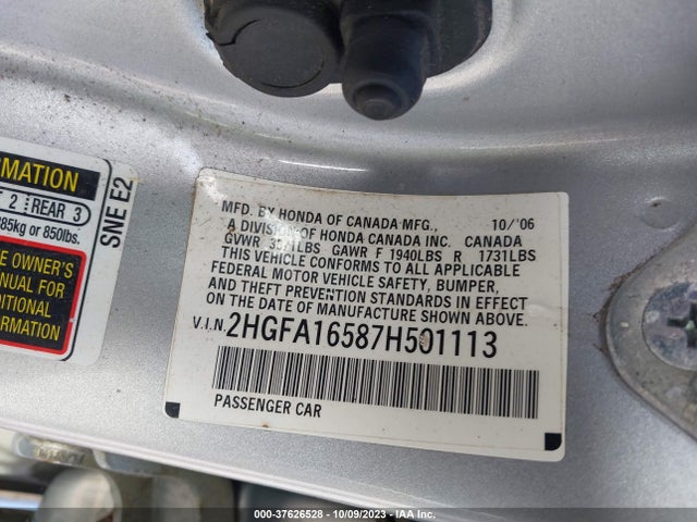 2007 HONDA CIVIC SDN LX VIN: 2HGFA16587H501113