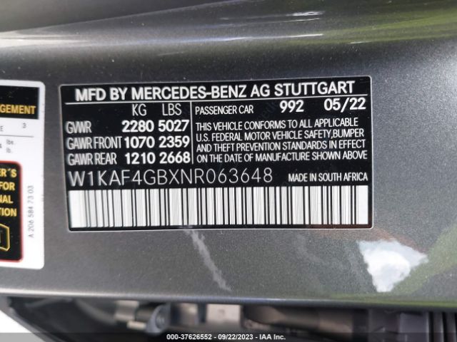 W1KAF4GBXNR063648 Mercedes-Benz C-class C 300