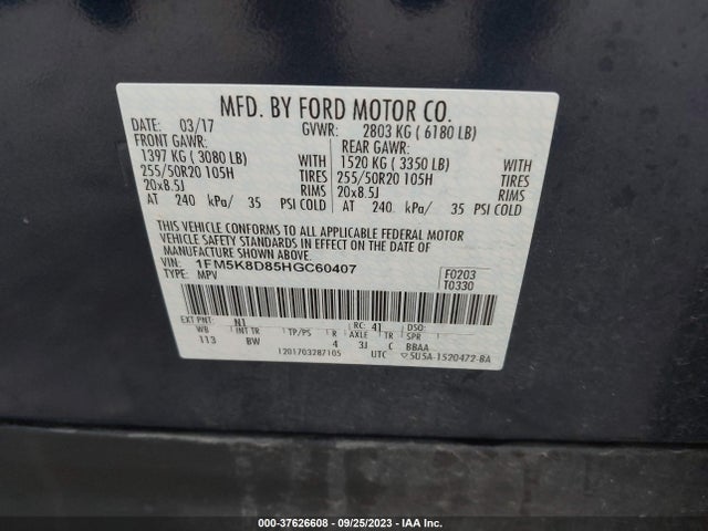 Ford EXPLORER XLT 2017 1FM5K8D85HGC60407 Image 9