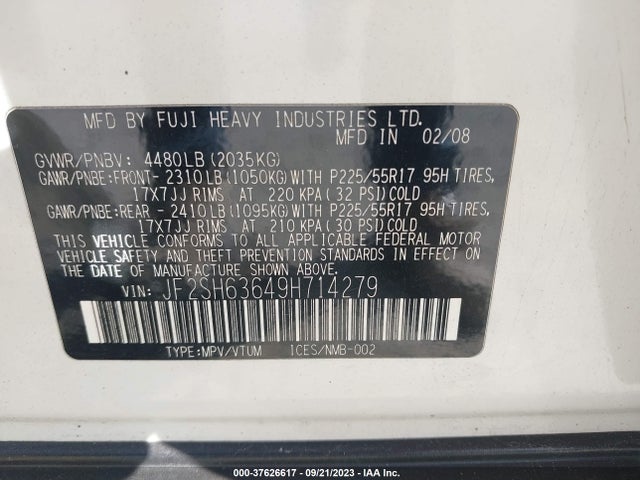 2009 SUBARU FORESTER X W/PREMIUM PKG VIN: JF2SH63649H714279