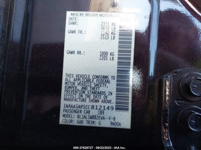 2012 NISSAN MAXIMA 3.5 SV W/SPORT PKG VIN: 1N4AA5AP1CC812149