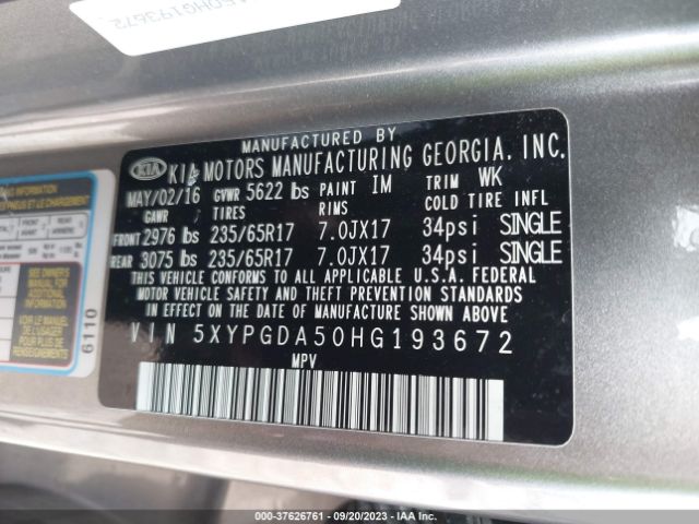 5XYPGDA50HG193672 KIA Sorento Lx V6