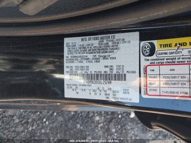 2012 FORD FUSION HYBRID VIN: 3FADP0L31CR225749