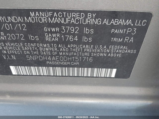 2013 HYUNDAI ELANTRA GLS VIN: 5NPDH4AE0DH151716