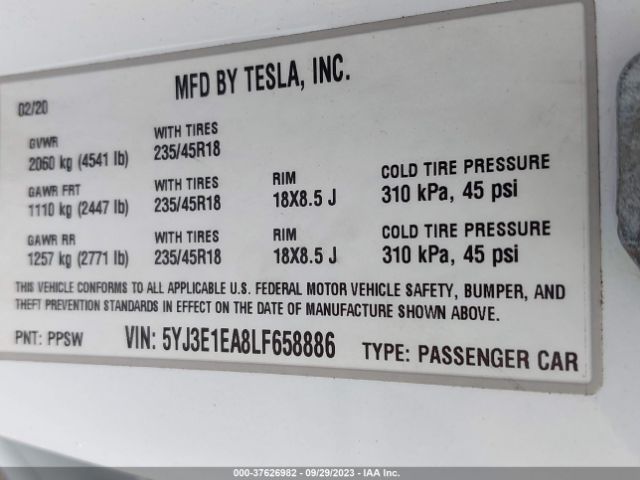 5YJ3E1EA8LF658886 Tesla Model 3 Standard Range