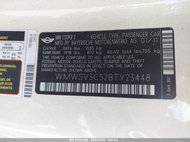 2011 MINI COOPER HARDTOP WMWSV3C52BTY23448 Photo 8