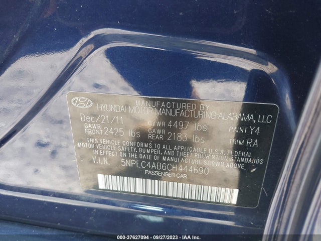 2012 HYUNDAI SONATA 2.0T SE VIN: 5NPEC4AB6CH444690