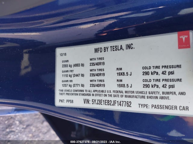 2018 TESLA MODEL 3 LONG RANGE VIN: 5YJ3E1EB2JF147762