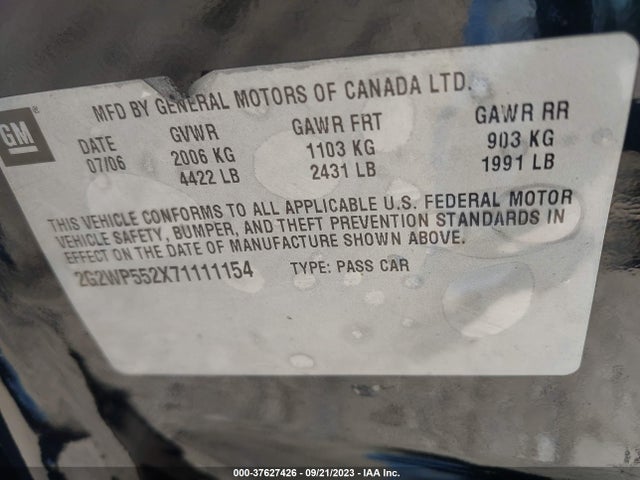 2007 PONTIAC GRAND PRIX VIN: 2G2WP552X71111154