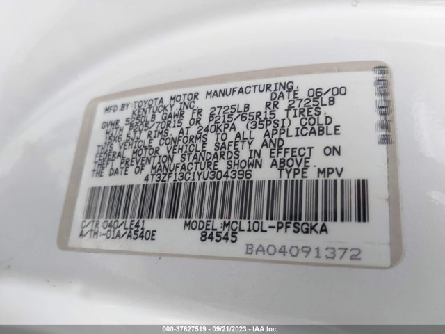 2000 TOYOTA SIENNA XLE VIN: 4T3ZF13C1YU304396