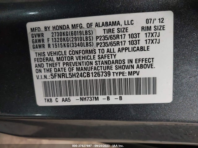 2012 HONDA ODYSSEY LX VIN: 5FNRL5H24CB126739