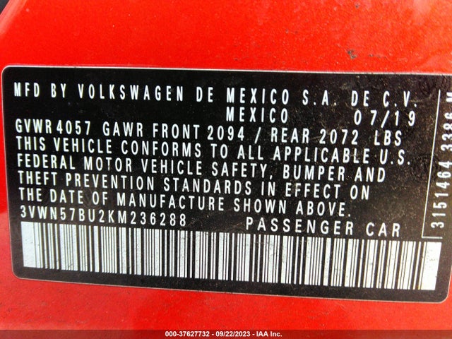 2019 VOLKSWAGEN JETTA S VIN: 3VWN57BU2KM236288