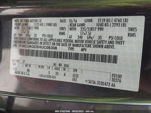 Ford ESCAPE SE 2017 1FMCU9GD5HUC08308 Image 9