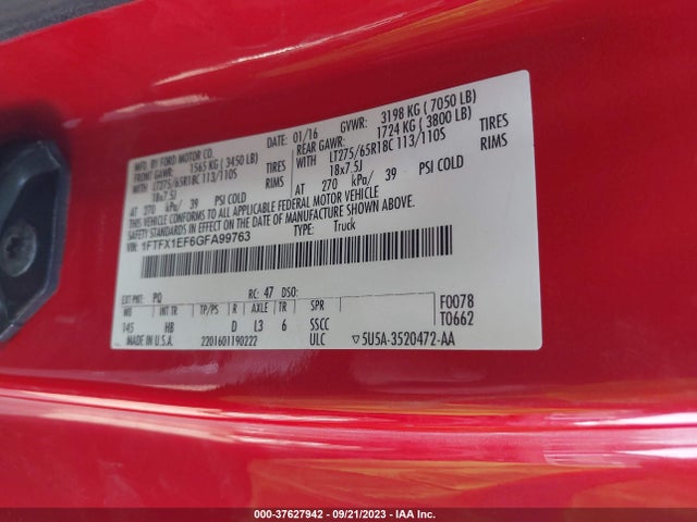 2016 FORD F-150 XLT/XL/LARIAT VIN: 1FTFX1EF6GFA99763