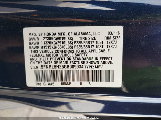 Honda ODYSSEY LX 2016 5FNRL5H25GB089934 Image 9