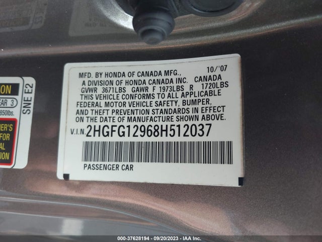 2008 HONDA CIVIC CPE EX-L VIN: 2HGFG12968H512037