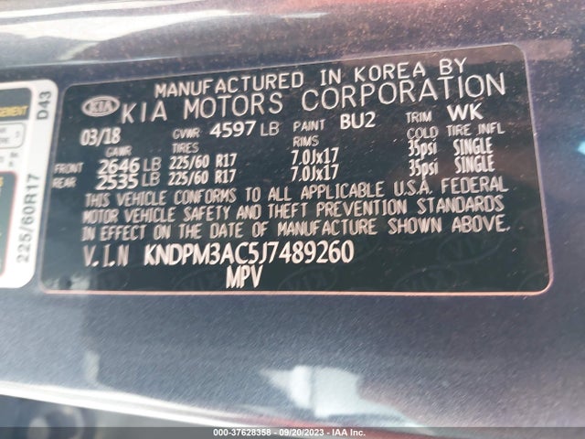 2018 KIA SPORTAGE LX VIN: KNDPM3AC5J7489260