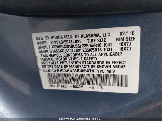 2010 HONDA ODYSSEY EX-L VIN: 5FNRL3H67AB056416