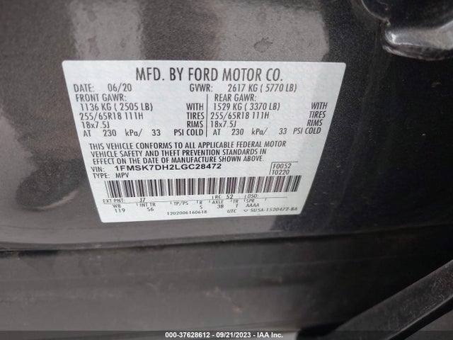 2020 FORD EXPLORER XLT VIN: 1FMSK7DH2LGC28472