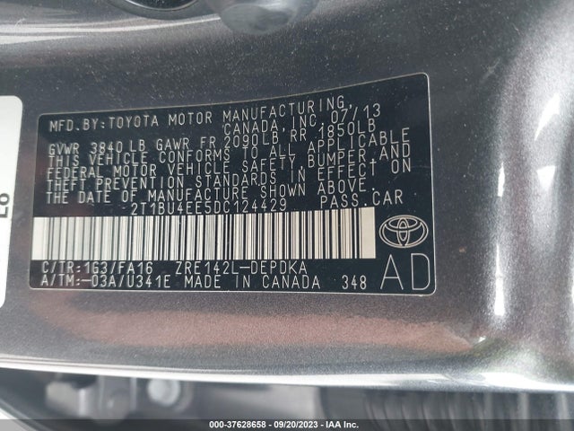 2013 TOYOTA COROLLA L/LE/S VIN: 2T1BU4EE5DC124429