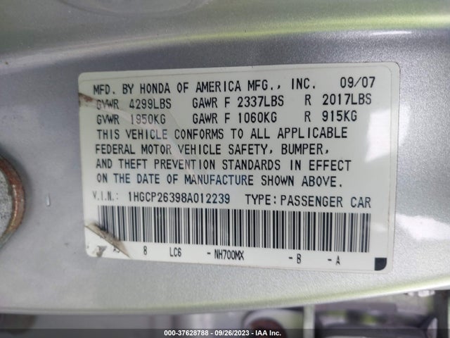 2008 HONDA ACCORD SDN LX VIN: 1HGCP26398A012239