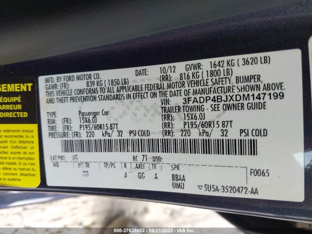 2013 FORD FIESTA SE VIN: 3FADP4BJXDM147199