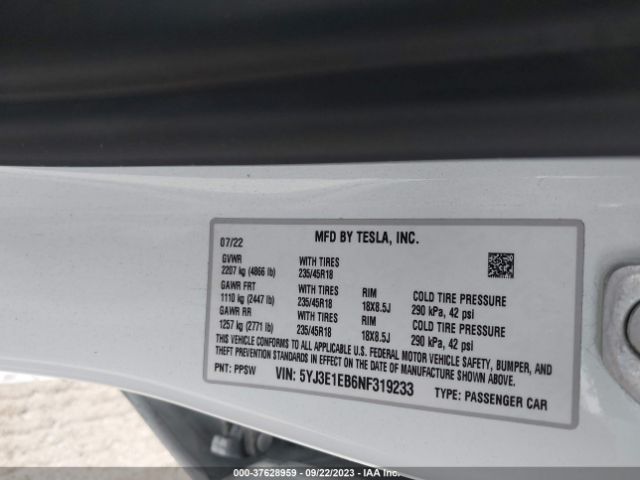 5YJ3E1EB6NF319233 Tesla Model 3 Long Range