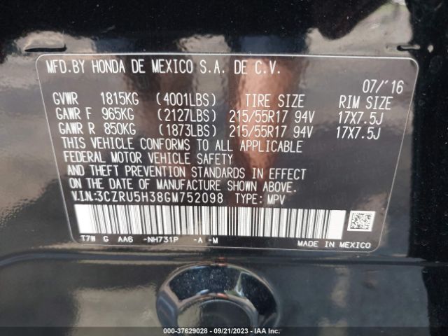 3CZRU5H38GM752098 Honda HR-V LX