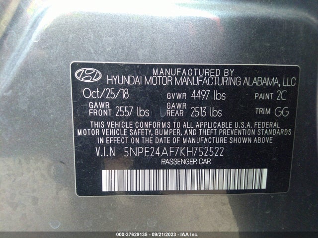 2019 HYUNDAI SONATA SE VIN: 5NPE24AF7KH752522