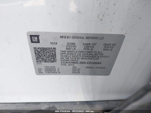 GMC ACADIA SLT 2019 1GKKNMLS6KZ210684 Image 9