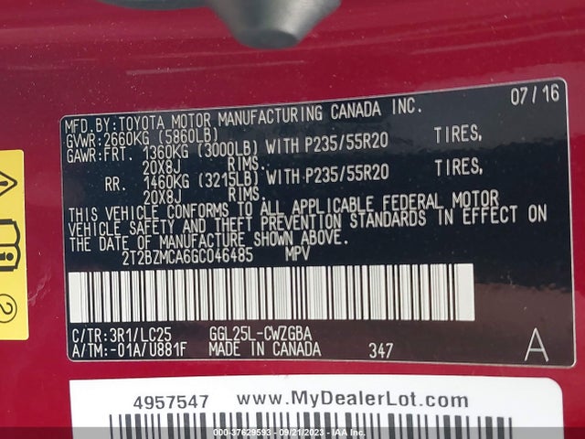 2T2BZMCA6GC046485 Lexus RX 350