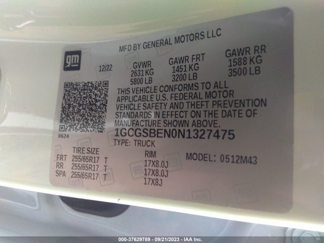 2022 CHEVROLET COLORADO 2WD SHORT BOX WT VIN: 1GCGSBEN0N1327475