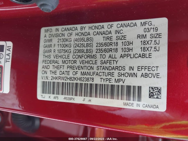 Honda Cr-v Ex-l 2019 2HKRW2H82KH623878 Image 9