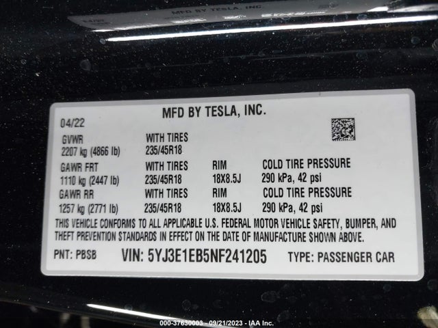 2022 Tesla 3, VIN: 5YJ3E1EB5NF241205