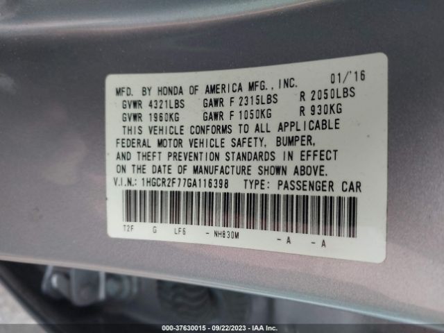 1HGCR2F77GA116398 Honda Accord Sedan Ex