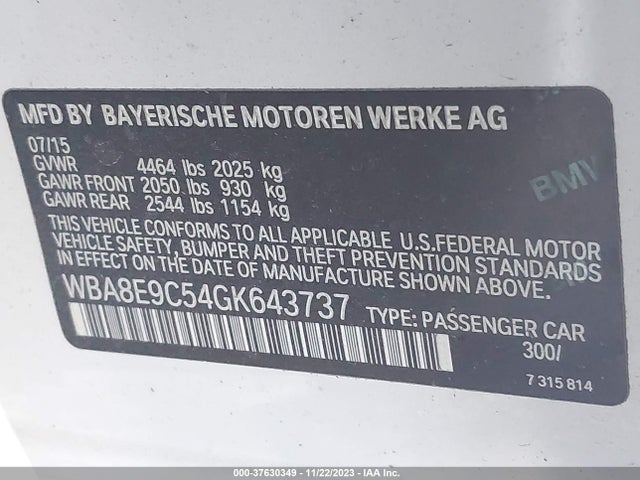 2016 BMW 3 SERIES 328I VIN: WBA8E9C54GK643737