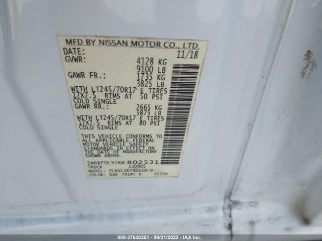 1N6BF0LY2KN802531 Nissan Nv Cargo Sv
