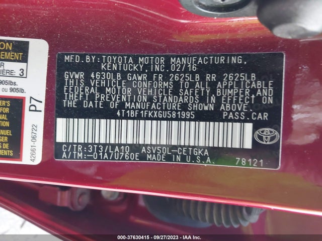 Toyota Camry Xle/se/le/xse 2016 4T1BF1FKXGU581995 Image 9