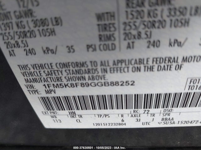 Ford Explorer Limited 2016 1FM5K8F89GGB88252 Image 9
